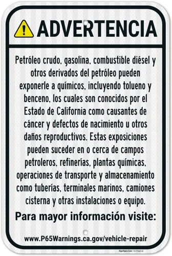 Vista 19 de Señal español de advertencia para petróleo crudo, gasolina, combustible diésel, otros productos petrolíferos, 10 x 7 pulgadas, aluminio 040 libre