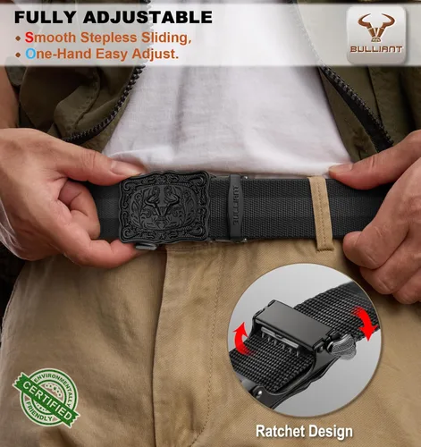 Vista 5 de BULLIANT Cinturón para hombre, cinturón de trinquete elástico de nailon ajustado para Jean Cow Boy Golf 1 3/8 corte para ajuste
