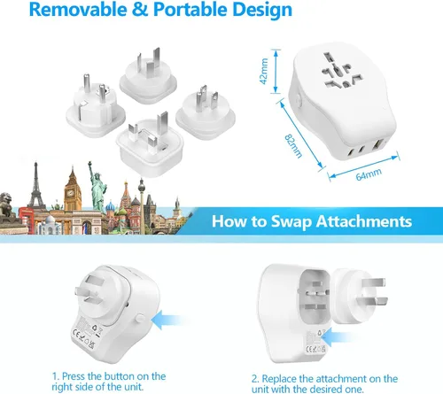 Vista 6 de JSVER Juego de adaptadores de viaje internacional con 3 puertos USB, 1 enchufe de CA, incluye accesorios desmontables tipo B, I, G, E/F para usar