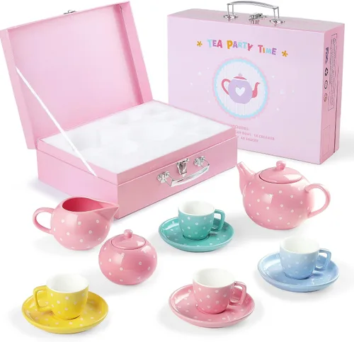 Vista 6 de fanquare Juego de té de porcelana para niñas y adultos, juego de té colorido de 12 piezas con caja de regalo para fiestas de té en casa y cumpleaños