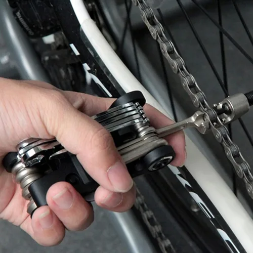 Vista 9 de Herramienta para bicicleta, multiherramienta 16 en 1, multiherramienta para bicicleta de montaña, portátil, plegable, kit de reparación de ciclismo