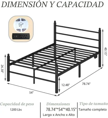 Vista 2 de Jenmit - Estructura de cama de tamaño completo con estación de carga y luces LED, estructura de cama de plataforma metálica con cabecera y pie
