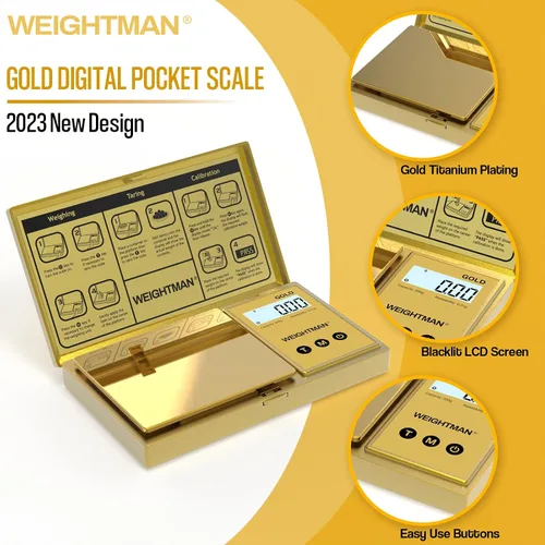Vista 2 de WEIGHTMAN Báscula digital gramos, escala de bolsillo de 7.05 oz/0.00 oz, chapado en titanio dorado, pantalla LCD retroiluminada, mini báscula