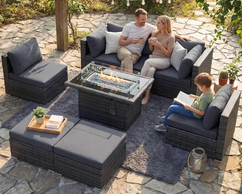 Vista 69 de NICESOUL Juego de muebles de patio de ratán extra grande con mesa para fogata de gas y propano, 29.3 pulgadas, respaldo alto, cómodos conversaciones