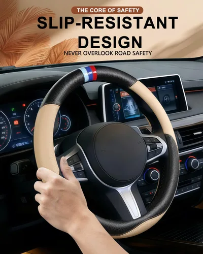 Vista 2 de Funda personalizada para volante de automóvil para BMW X1, X2, X3, X4, X5, X6, X7, i3, i4, i5, 14.5-15 pulgadas (beige)