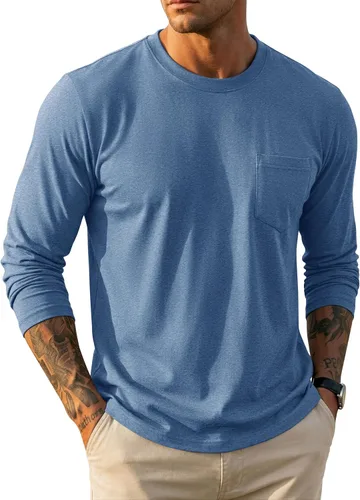 Vista 13 de MAGCOMSEN Camisa de manga larga para hombre con bolsillo, de algodón, cuello redondo, casual, ligera