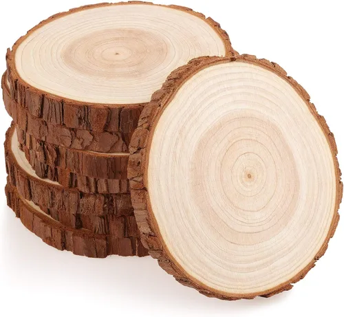 Vista 8 de Fuyit Rebanadas de madera sin terminar para centros de mesa, 10 discos redondos de madera natural de 4.7 a 5.1 pulgadas con corteza