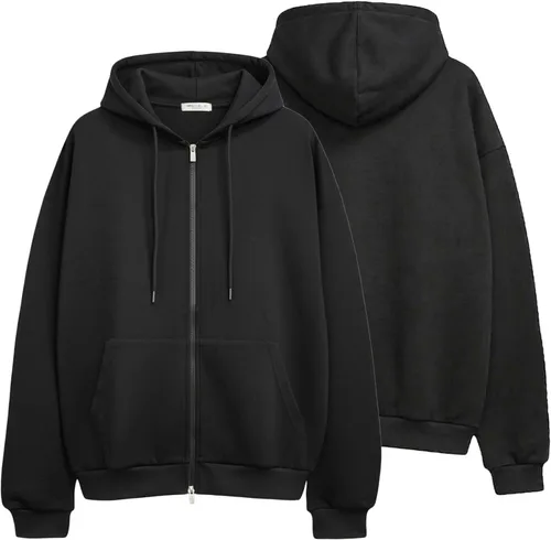 Vista 3 de Sudadera con Capucha con Cremallera de Talla Grande para Mujer, Chaqueta Ligera Suave Holgada con Hombros Caídos Gran tamaño_negro