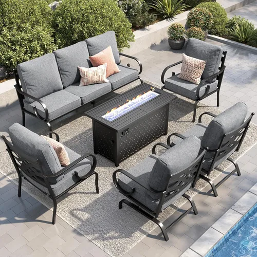 Vista 35 de PHI VILLA Patio Furniture Set with 4 Rocking Chairs & Fire Pit, Beige