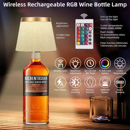 Vista 3 de Lámpara inalámbrica para botella cubierta de lino, lámparas de botella de vino con luces RGBW táctiles regulables para botellas, 4000 mAh