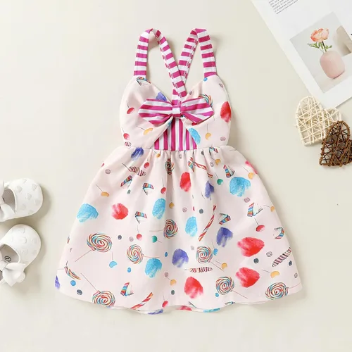 Vista 2 de Falda de verano para niñas pequeñas, vestido sin espalda con tirantes y estampado de helado