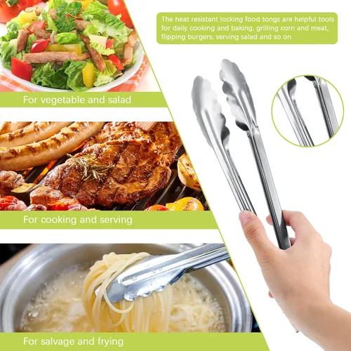 Vista 5 de Chengu Juego de 18 pinzas de cocina de acero inoxidable con anillos deslizantes de 7 pulgadas, pinzas de cocina antideslizantes para ensalada