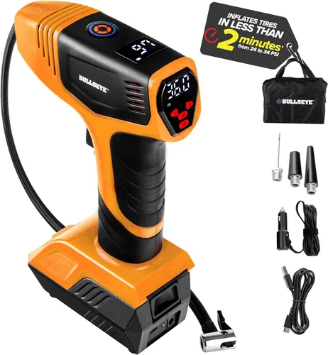 Vista 9 de BULLSEYE PRO - Inflador de neumáticos con manómetro, compacto y portátil, apagado automático, 150 PSI máximo, USB recargable para el hogar y cable