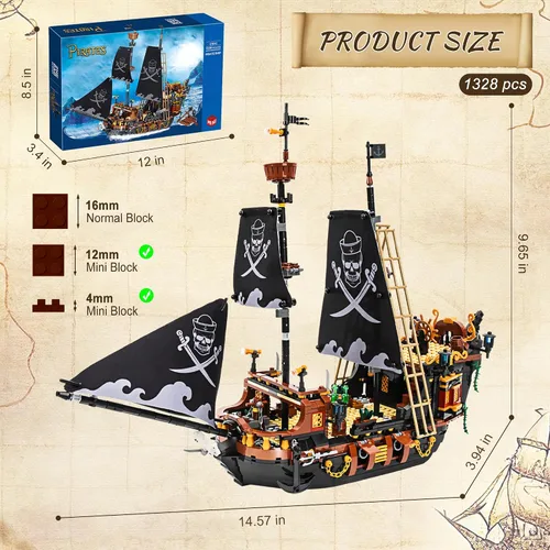 Vista 5 de Mini kit de construcción de barco pirata de 1328 piezas, bloques creativos del Caribe Adventure Kits de construcción, regalo perfecto