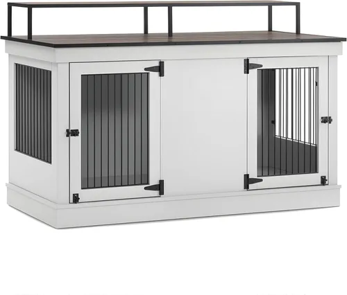 Vista 9 de MCombo Jaula de madera para perros de 57 pulgadas, soporte de TV de madera para 2 perros medianos, jaula grande con 2 puertas, mesa auxiliar