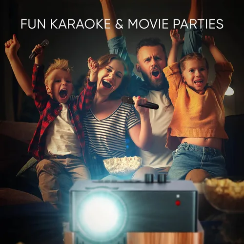 Vista 6 de MASINGO Máquina de karaoke portátil 4 en 1 con proyector inteligente de 1080p con WiFi, altavoz y 2 micrófonos inalámbricos. Sistema Android