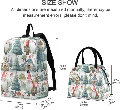 Vista 2 de Gnome by Libridal - Mochila impermeable con respaldo trasero, para niñas con lonchera, Gnomos en invierno