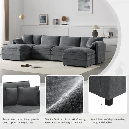 Vista 66 de Moderno sofá modular en forma de U con almohadas para la cintura, sofá cama con diván, sofá tapizado simétrico de felpilla de 6 asientos para sala