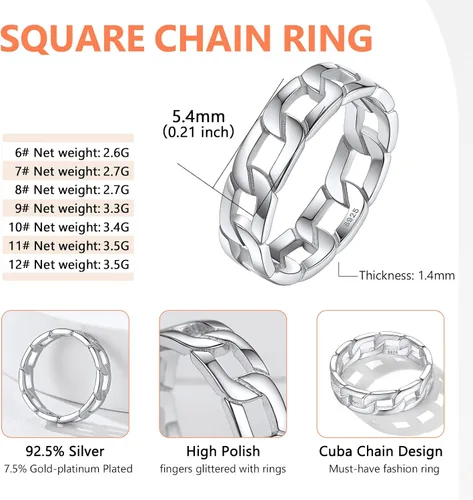 Vista 6 de Silvora Anillos de plata de ley 925, anillos de cadena para mujeres y hombres, anillo de eternidad vintage, anillo de joyería tamaño 6-12