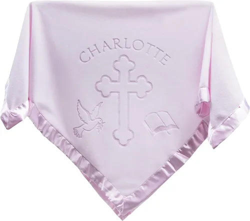 Vista 6 de Manta de regalo para bebés niños o niñas para bautismo. Diseño personalizado religioso cruz y biblia, Rosado
