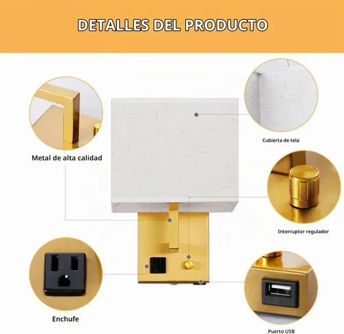 Vista 7 de Aplique de pared enchufable, lámpara de pared de cabecera con enchufe y interruptor regulable, con puerto de carga USB y toma de corriente, adecuado