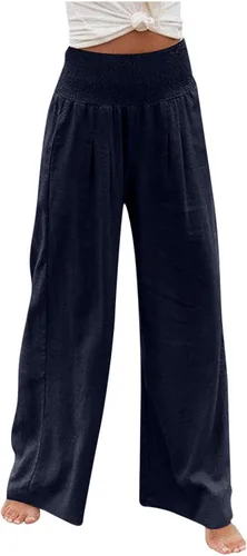 Vista 3 de Pantalones de lino de pierna ancha para mujer, pantalones palazzo, holgados, para playa, casual, verano, 2023, con bolsillo fruncido, pantalones
