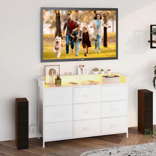 Vista 6 de EXOTICA Cómoda blanca con luz LED para dormitorio, 9 cajones con estación de carga, cómoda para entrada, armario, sala de estar, pasillo, marco