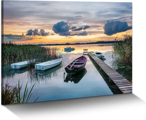 Vista 10 de Arte de Pared en Lienzo de Paisaje de Lago: Pintura Moderna Relajante del Horizonte al Atardecer, Impresión Simple y Natural de Barco y Juncos