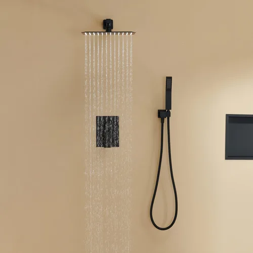 Vista 4 de Sistema de ducha de lluvia de 12 pulgadas, juego combinado de ducha negro para montaje en pared, grifos de baño con cabezal de ducha de lluvia