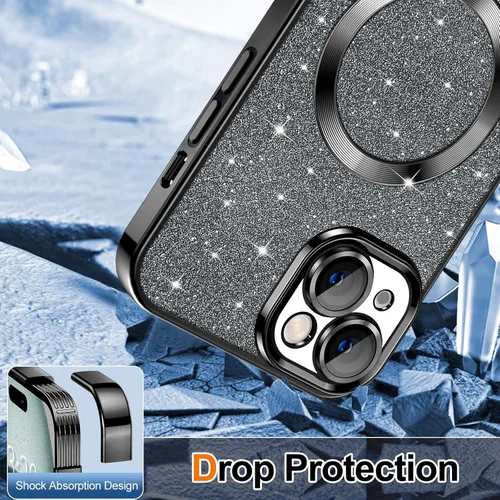 Vista 4 de Hython Funda para iPhone 15 Plus con purpurina, fundas magnéticas transparentes para teléfono con protector de lente de cámara