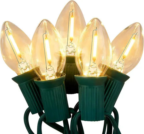 Vista 12 de Tira de luces LED de Navidad para exteriores, de 50 pies, cadena de luces C7 con 27 bombillas multicolor de cerámica de 0.6 W, luces de Navidad