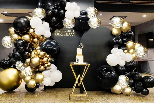 Vista 7 de Kit de arco de guirnalda de 182 globos negros y dorados, globos de confeti negros, blancos y dorados metálicos de látex de 5, 10, 12 y 18 pulgadas