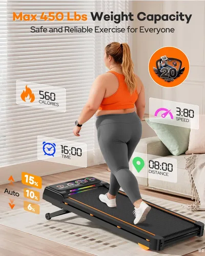 Vista 5 de Walking Pad Treadmill with 15% 12-Level Auto Incline, 450 lbs Capacity UI Screen, Trisomy 3.5HP Quiet Under Desk Treadmill with Speaker & Remote