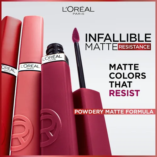 Vista 2 de L’Oréal Paris Infallible Matte Resistance - Labial líquido, hasta 16 horas de duración, tono First Kiss 600, 0.16 onzas líquidas 600 Primer beso