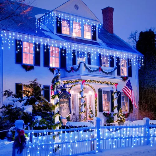 Vista 2 de Luces de Navidad de carámbano para exteriores, 66 pies, 640 luces LED de Navidad azules y blancas, 8 modos con 120 gotas, luz de carámbano