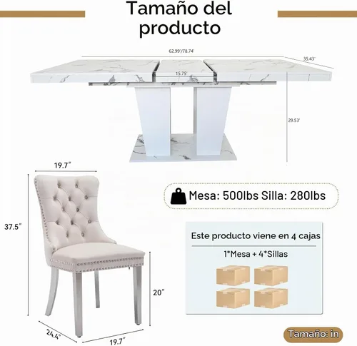 Vista 3 de HomVent - Juego de mesa de comedor extensible de mármol sintético blanco para 4 63"-79" Extendable Dining Room Table Set with 4 Velvet Chairs