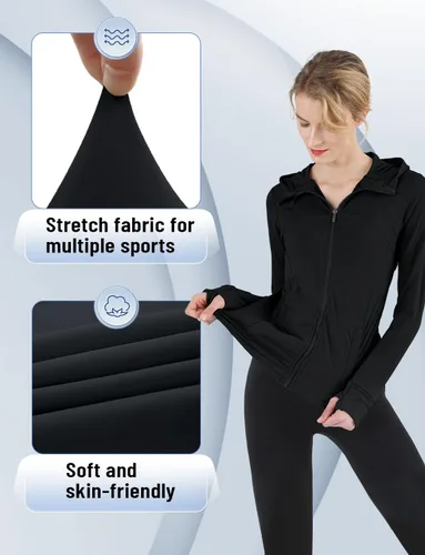 Vista 5 de CHAMWEY Chaquetas para correr para mujer, ajuste delgado, resistente al viento, agujeros para el pulgar, bolsillos con cremallera completa