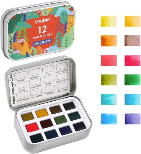 Vista 10 de Grabie Juego de 12 acuarelas de bolsillo, juego de pintura de acuarela de viaje, pinturas de acuarela, suministros de arte para pintura, gran juego