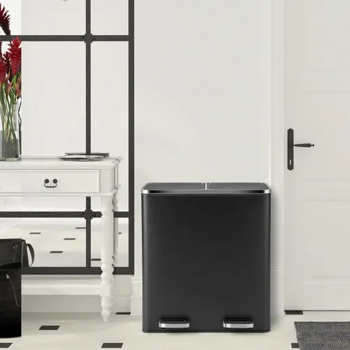 Vista 8 de Goplus Basurero doble de 60 litros (2 x 30 L)/16 galones de acero inoxidable, cubo de basura rectangular con cubos interiores y tapas con bisagras