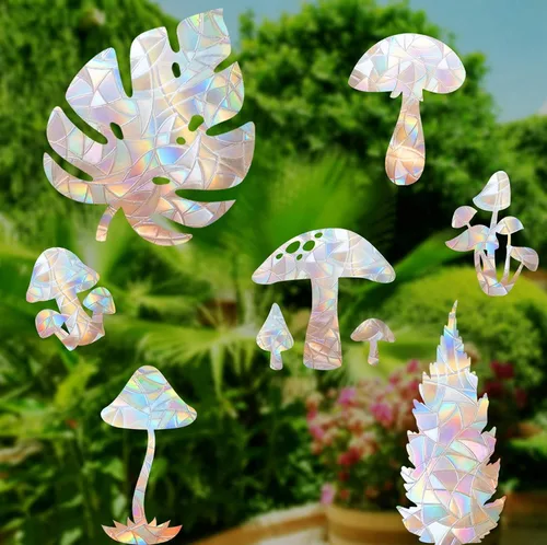 Vista 6 de STICKERGURU - 16 calcomanías de ventana de hongos y hojas, calcomanías anticolisión para salvar a los pájaros de colisiones de ventanas, vinilo