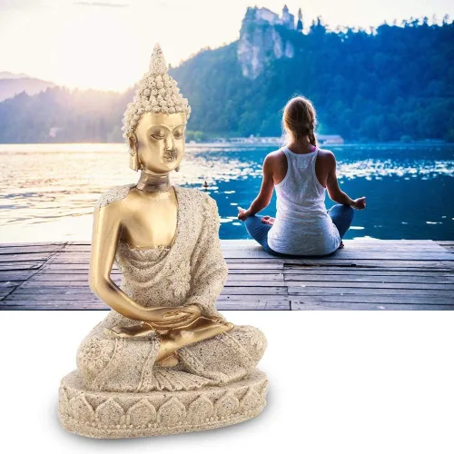 Vista 3 de Estatua de Buda, arenisca y resina, oro, mesa, hecho a mano, decoración de Buda