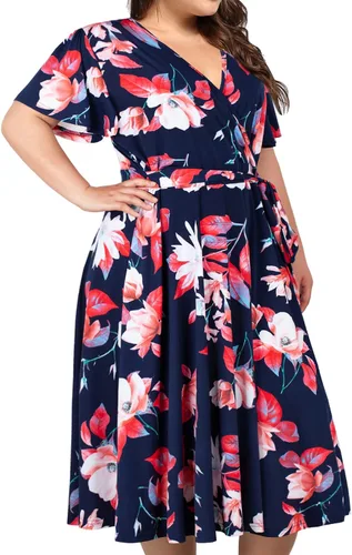 Vista 2 de kissmay - Vestidos de cóctel florales con cuello en V para mujer, talla extragrande, con bolsillo