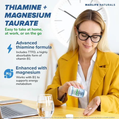 Vista 4 de MAXLIFE NATURALS TTFD - Suplemento de tiamina B1 – 60 cápsulas, suplemento de tiamina de vitamina B1 de alta potencia para enfoque, apoya la función