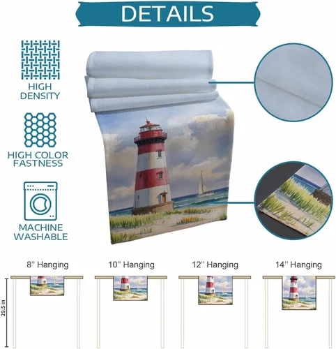 Vista 7 de Coastal Lighthouse - Camino de mesa rectangular de lino y algodón de 13 x 36 pulgadas, acuarela, cielo azul, mar, verano, playa, náutico, camino