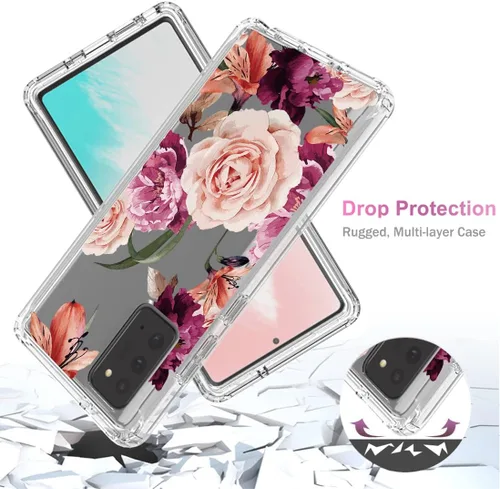 Vista 7 de Funda para Galaxy Note 20 5G, SM-N981U con protector de pantalla de vidrio templado, carcasa de cuerpo completo con diseño floral transparente
