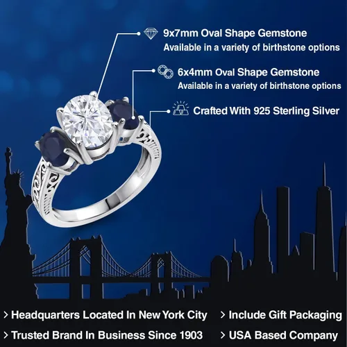 Vista 2 de Gem Stone King Anillo de plata de ley 925 con moissanita blanca y zafiro azul de 3 piedras para mujer