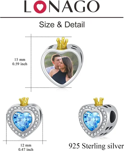 Vista 5 de LONAGO Abalorio personalizado con foto para mujer, plata de ley 925, con forma de corazón, piedra natal simulada