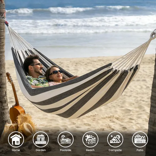 Vista 2 de Lazy Daze Hammocks Hamaca doble brasileña de algodón, hamaca portátil extragrande para acampar al aire libre con correas para árboles y bolsa