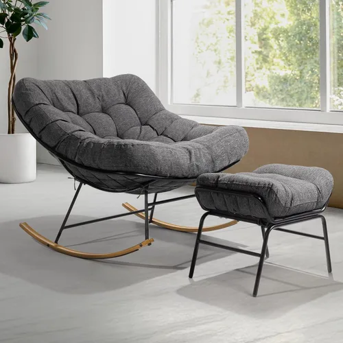 Vista 7 de Bme Mecedora de patio para exteriores e interiores, mecedora de metal con cojín grueso, cómoda y moderna silla mecedora para sala de estar, porche