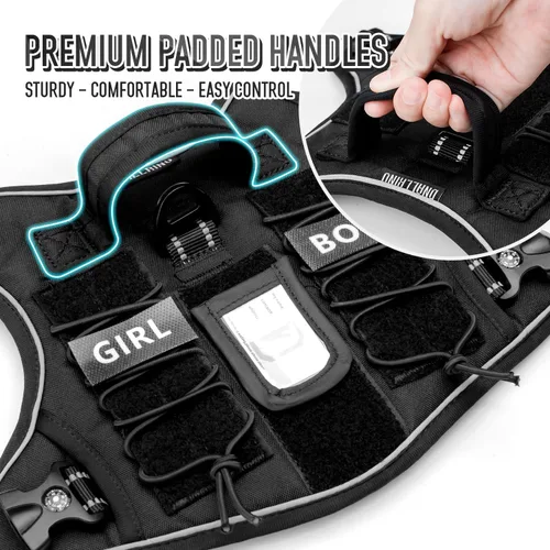 Vista 2 de Arnés táctico para perros medianos y grandes, negro, ajustable, sin tirones, con asa, chaleco reflectante resistente, talla S 2-Negro